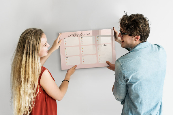 Decoratief glazen wandbord beschrijfbaar en magnetisch Weekplanner met ruimte voor foto's
