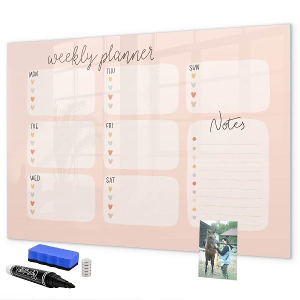 Decoratief glazen wandbord beschrijfbaar en magnetisch Weekplanner met ruimte voor foto's