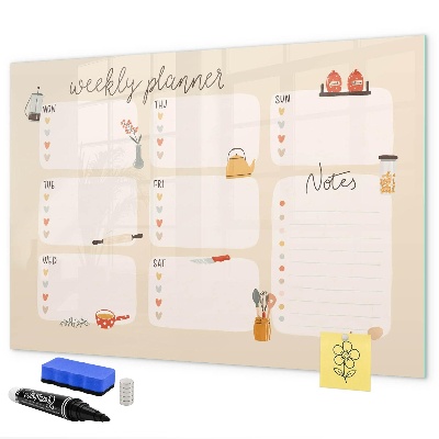 Memobord van glas met print inclusief neodymium magneten Weekplanner met ruimte voor foto's