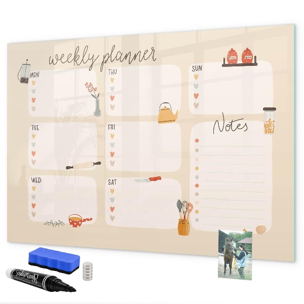 Memobord van glas met print inclusief neodymium magneten Weekplanner met ruimte voor foto's