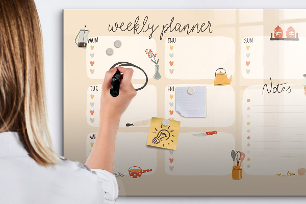 Memobord van glas met print inclusief neodymium magneten Weekplanner met ruimte voor foto's