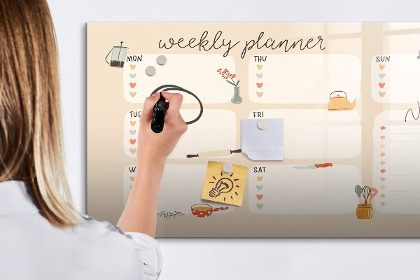 Memobord van glas met print inclusief neodymium magneten Weekplanner met ruimte voor foto's