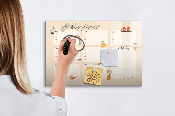 Memobord van glas met print inclusief neodymium magneten Weekplanner met ruimte voor foto's