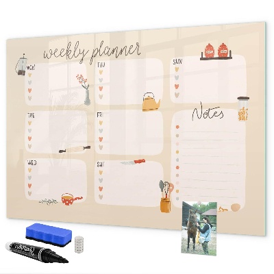 Memobord van glas met print inclusief neodymium magneten Weekplanner met ruimte voor foto's
