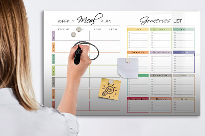 Decoratief glazen wandbord beschrijfbaar en magnetisch Maaltijdplan en boodschappenlijst