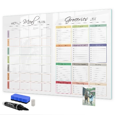 Decoratief glazen wandbord beschrijfbaar en magnetisch Maaltijdplan en boodschappenlijst