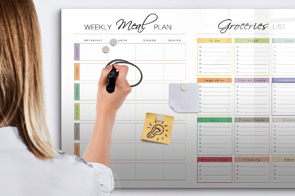 Decoratief glazen wandbord beschrijfbaar en magnetisch Maaltijdplan en boodschappenlijst