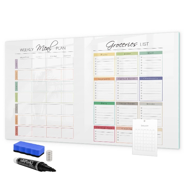 Decoratief glazen wandbord beschrijfbaar en magnetisch Maaltijdplan en boodschappenlijst