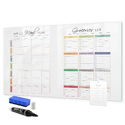 Decoratief glazen wandbord beschrijfbaar en magnetisch Maaltijdplan en boodschappenlijst