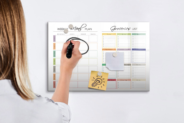 Decoratief glazen wandbord beschrijfbaar en magnetisch Maaltijdplan en boodschappenlijst
