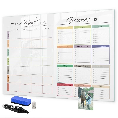 Decoratief glazen wandbord beschrijfbaar en magnetisch Maaltijdplan en boodschappenlijst