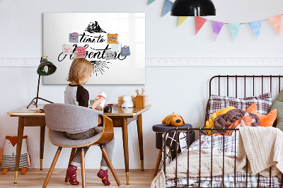 Decoratief glazen wandbord beschrijfbaar en magnetisch Tijd voor avontuur en herinneringen.