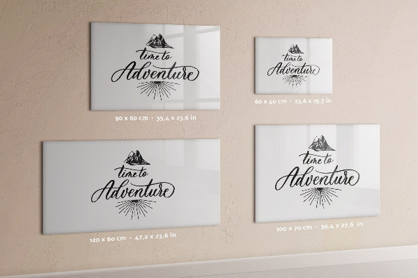 Decoratief glazen wandbord beschrijfbaar en magnetisch Tijd voor avontuur en herinneringen.