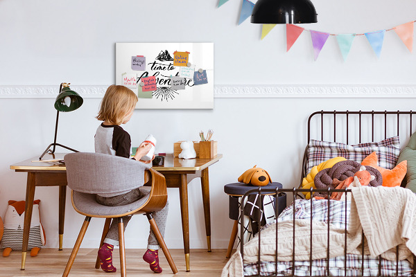 Decoratief glazen wandbord beschrijfbaar en magnetisch Tijd voor avontuur en herinneringen.