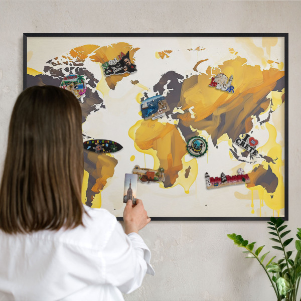 Wandbord voor magneten in een zwarte lijst Wereldkaart