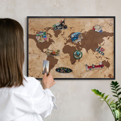 Wandbord voor magneten in een zwarte lijst Wereldkaart