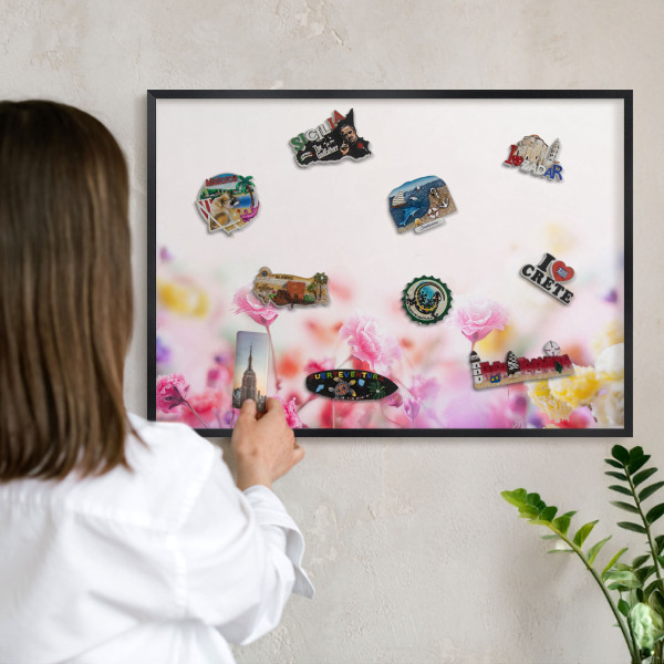 Metalen bord voor magneten met zwarte lijst Pastelkleurige bloemen