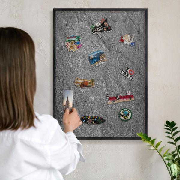 Wandbord voor magneten in een zwarte lijst Grijze steen