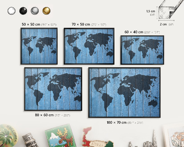 Wandbord voor magneten in een zwarte lijst Wereldkaart