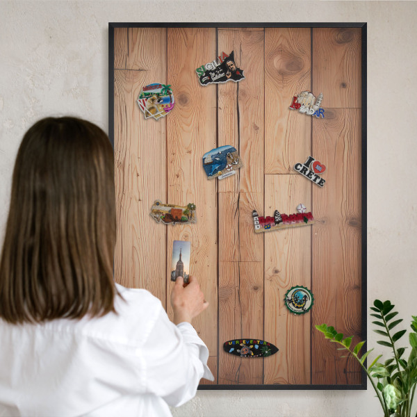 Wandbord voor magneten in een zwarte lijst Houten planken