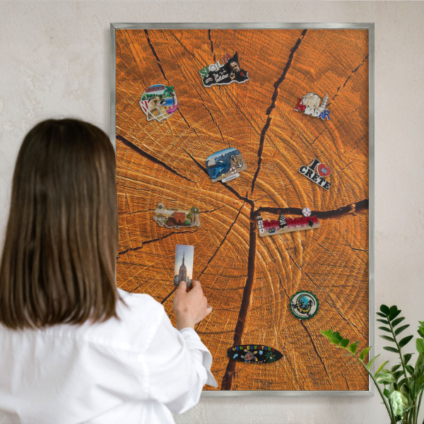 Decoratief metalen magneetbord in een zilveren lijst Houtnerf
