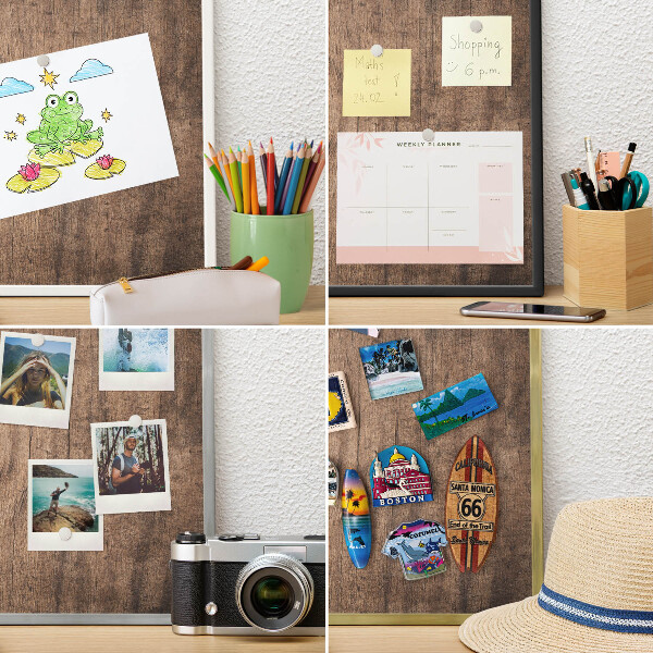 Magneetbord voor souvenir magneten met zilveren lijst Houtstructuur