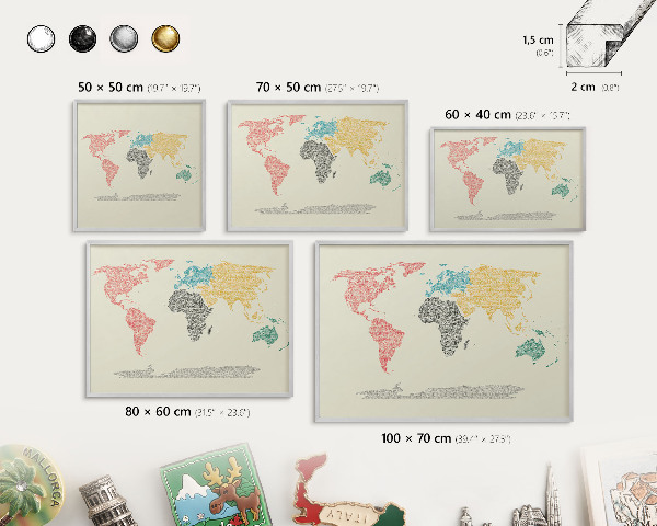 Magneetbord voor souvenir magneten met zilveren lijst Wereldkaart