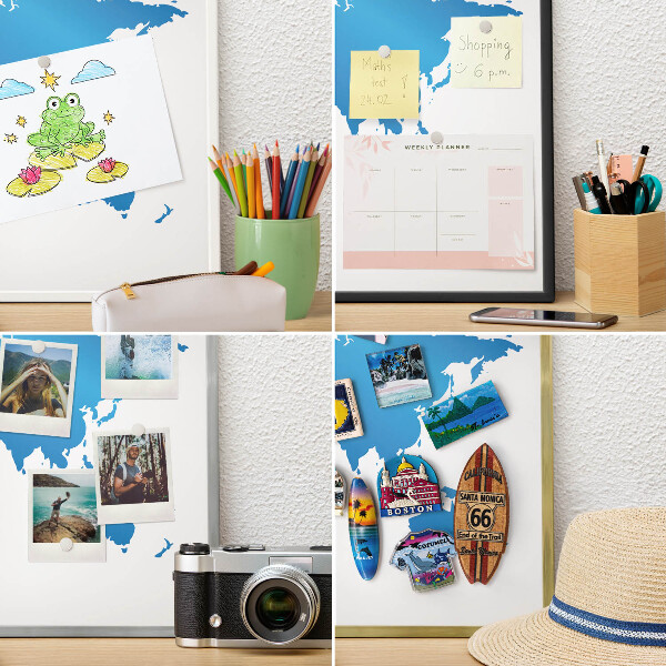 Magneetbord voor souvenir magneten met zilveren lijst Wereldkaart