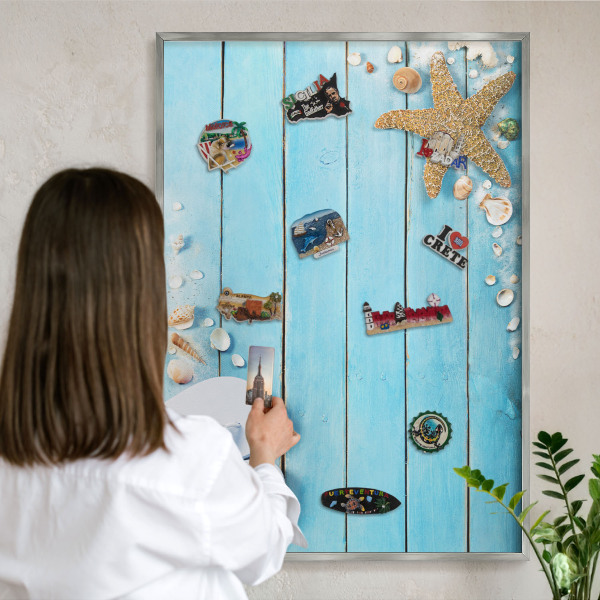Magneetbord voor souvenir magneten met zilveren lijst Vakantierust