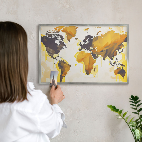 Decoratief metalen magneetbord in een zilveren lijst Wereldkaart