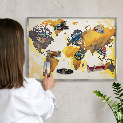 Decoratief metalen magneetbord in een zilveren lijst Wereldkaart