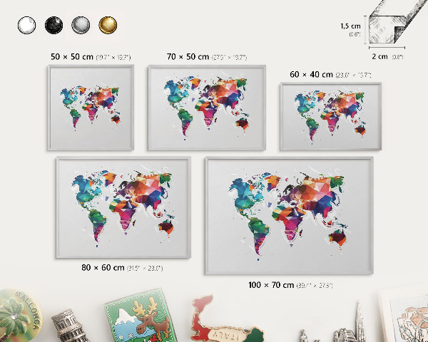 Magneetbord voor souvenir magneten met zilveren lijst Wereldkaart