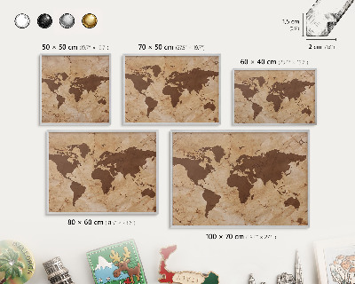 Decoratief metalen magneetbord in een zilveren lijst Wereldkaart
