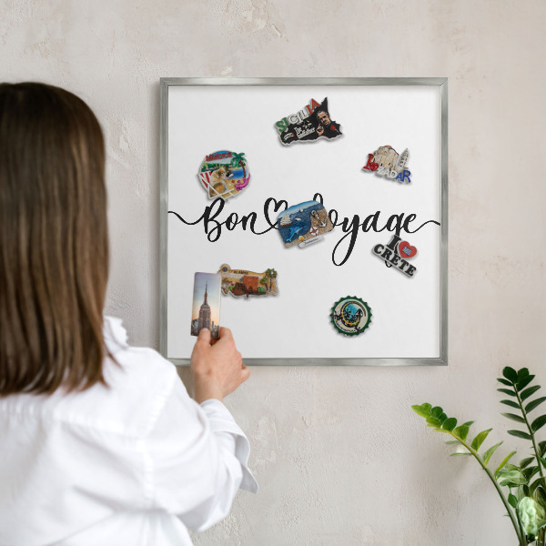 Magneetbord voor souvenir magneten met zilveren lijst Goede reis