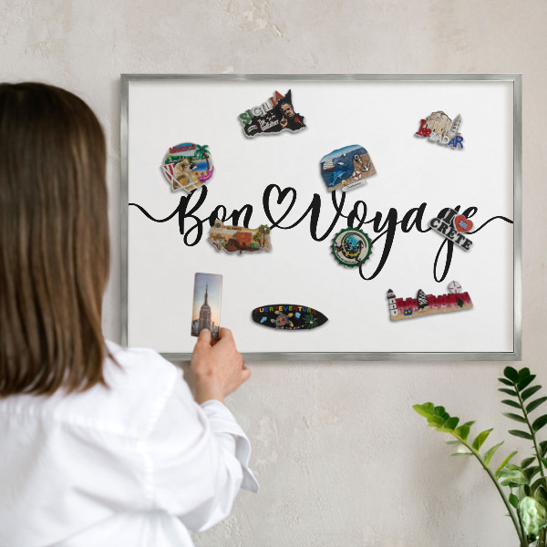 Magneetbord voor souvenir magneten met zilveren lijst Goede reis