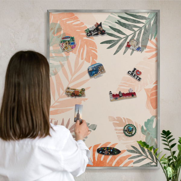 Magneetbord voor souvenir magneten met zilveren lijst Tropische bladeren