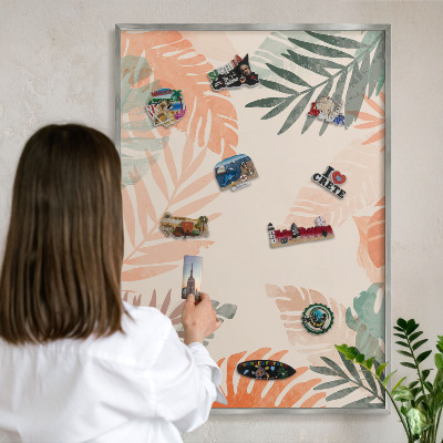 Magneetbord voor souvenir magneten met zilveren lijst Tropische bladeren