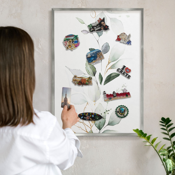 Magneetbord voor souvenir magneten met zilveren lijst Botanische elegantie