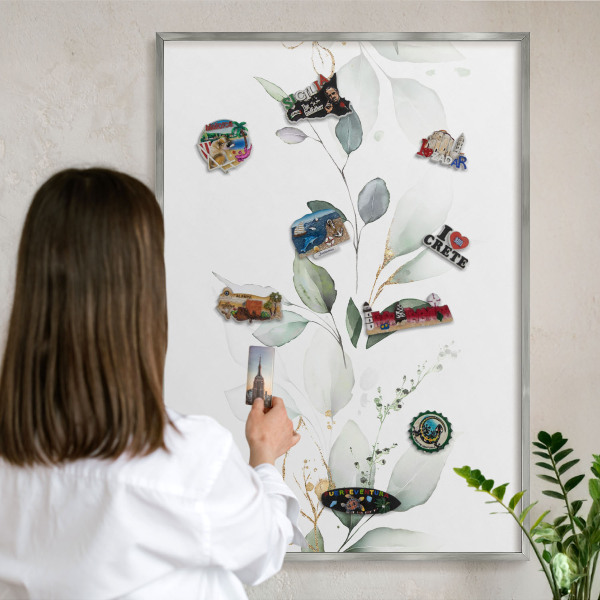 Magneetbord voor souvenir magneten met zilveren lijst Botanische elegantie