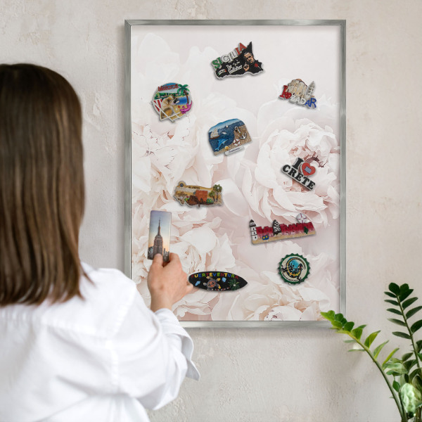 Magneetbord voor souvenir magneten met zilveren lijst Witte pioenrozen