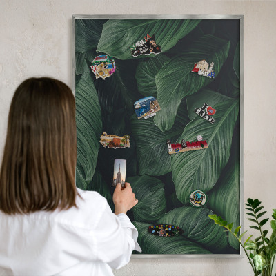 Magneetbord voor souvenir magneten met zilveren lijst Het groen van de natuur