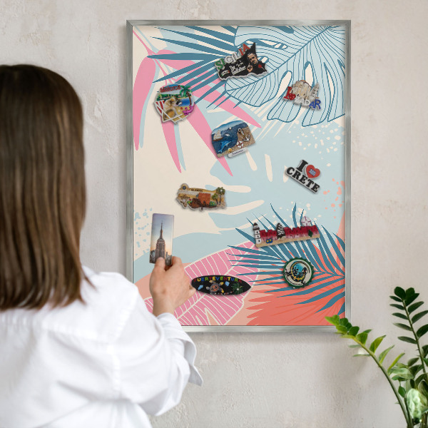 Decoratief metalen magneetbord in een zilveren lijst Tropische abstractie