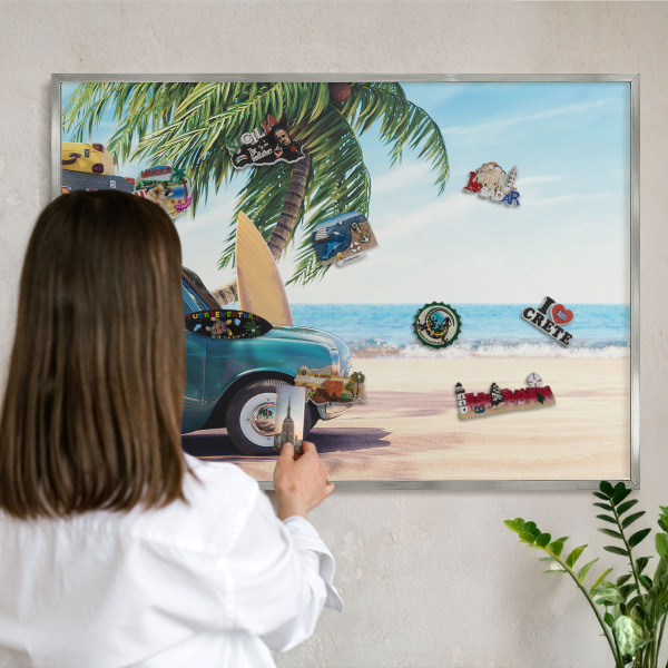 Magneetbord voor souvenir magneten met zilveren lijst Vakantievrede