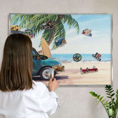 Magneetbord voor souvenir magneten met zilveren lijst Vakantievrede