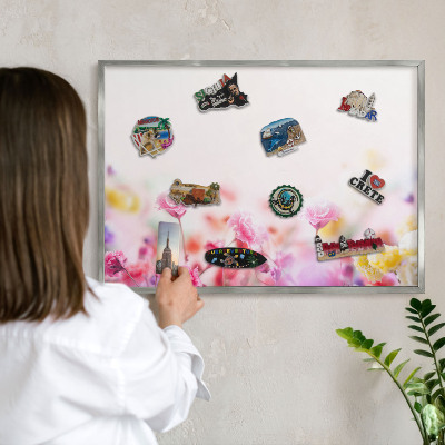 Magneetbord voor souvenir magneten met zilveren lijst Pastelkleurige bloemen