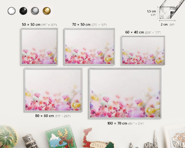 Magneetbord voor souvenir magneten met zilveren lijst Pastelkleurige bloemen