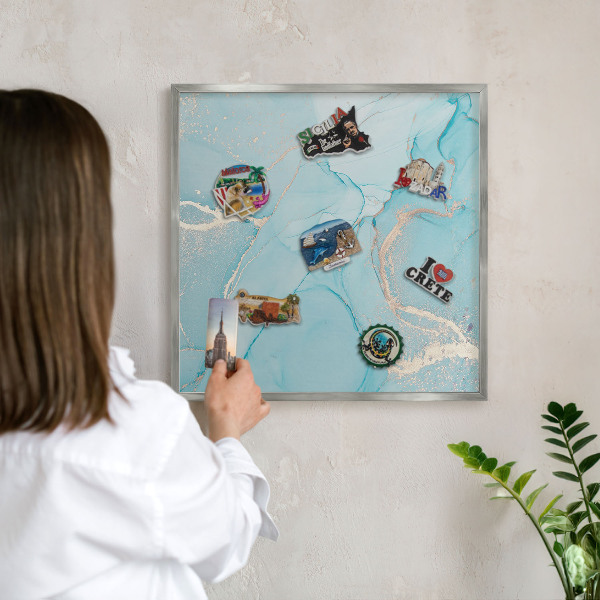 Decoratief metalen magneetbord in een zilveren lijst Turquoise elegantie