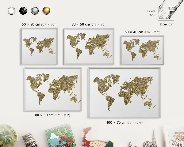 Magneetbord voor souvenir magneten met zilveren lijst Wereldkaart