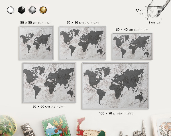 Decoratief metalen magneetbord in een zilveren lijst Wereldkaart