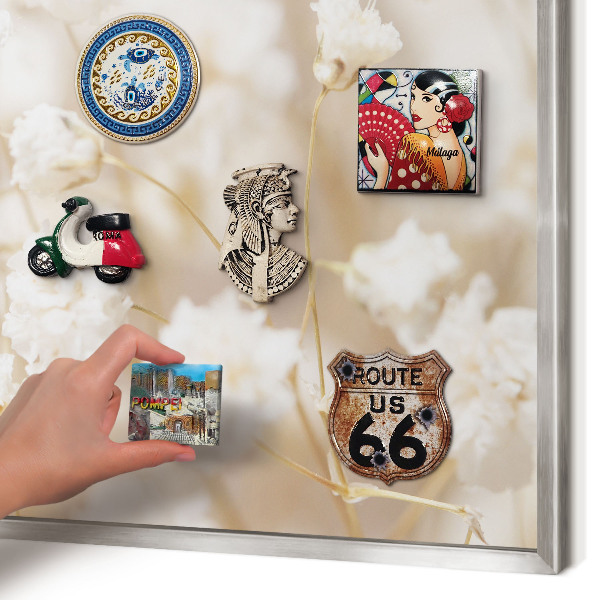 Magneetbord voor souvenir magneten met zilveren lijst Beige bloemen